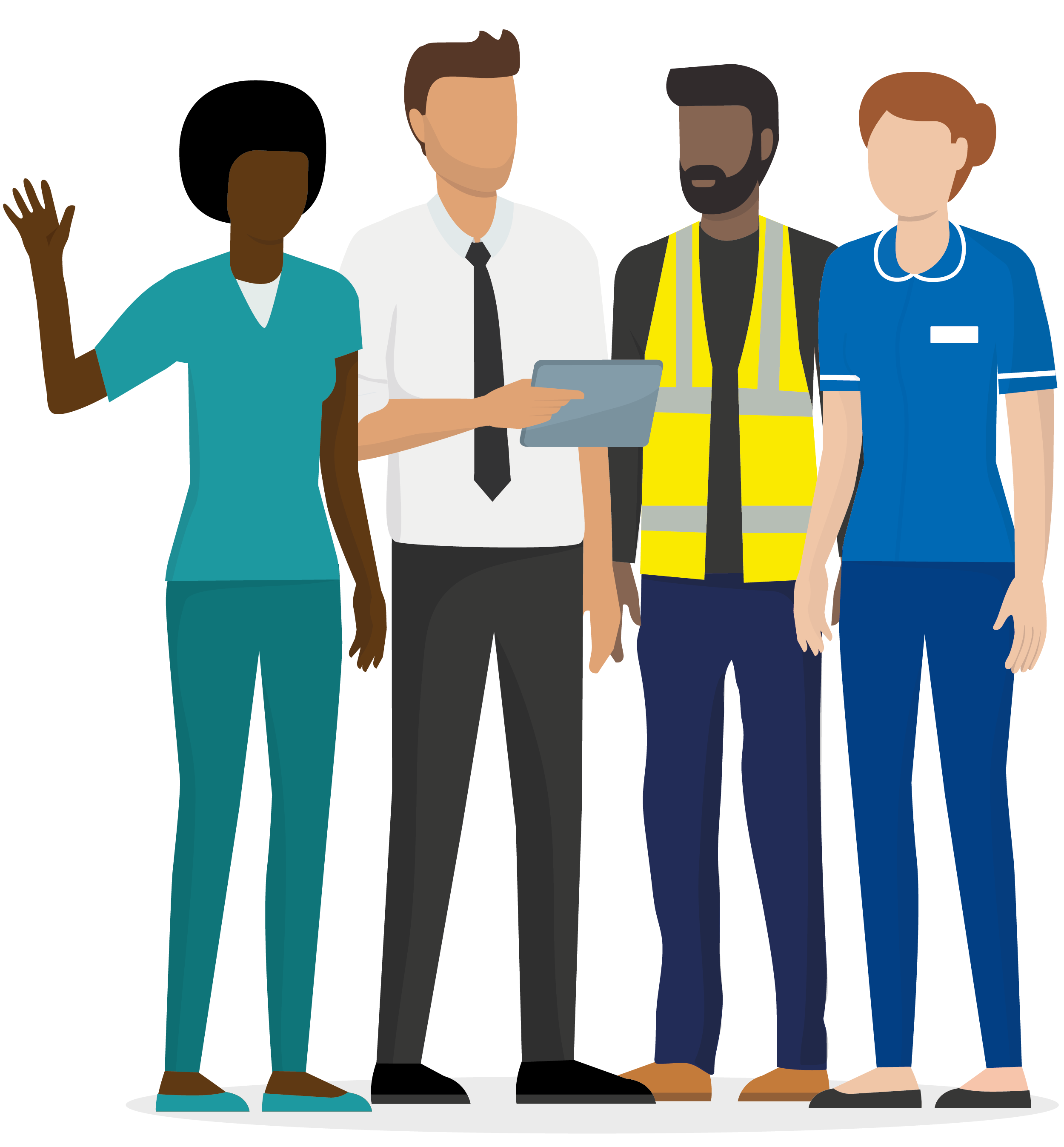 Drawing of four people wearing different types of work clothes